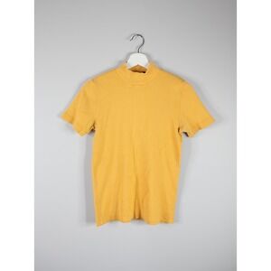 Vintage Liz Sport Mock Neck Top Womens M Yellow Excellent Ribbed Short Sleeve